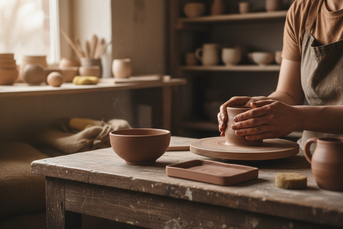 Set de desayuno de cerámica artesanal hecho a mano en taller de La Latina, Madrid